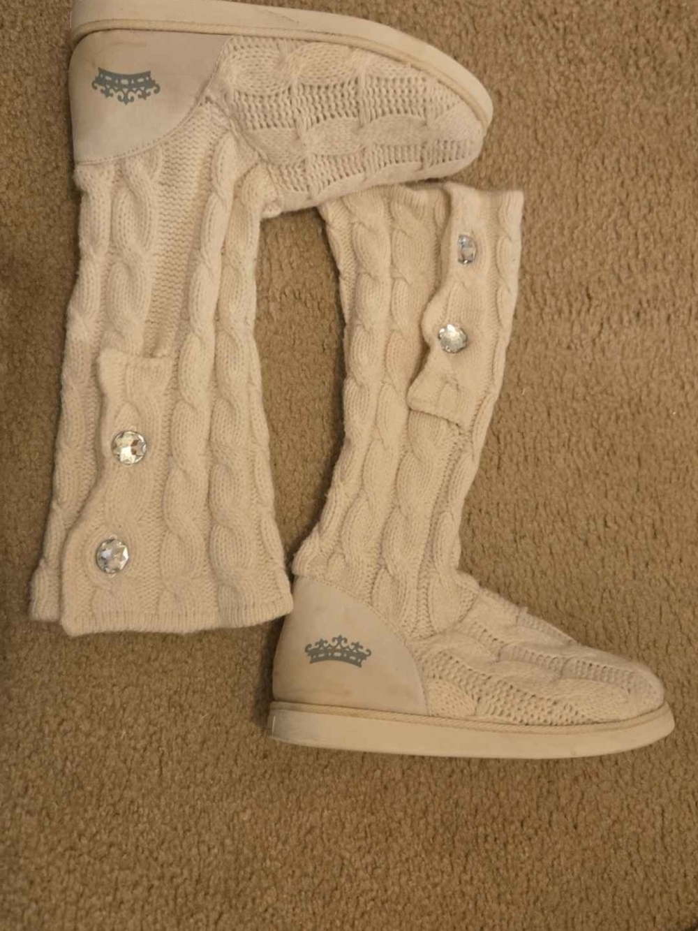 Juicy Couture Cream Cable-Knit Button Booties with Crystal Accents